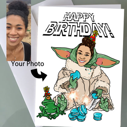 Custom Baby Yoda Birthday Card - Macarons